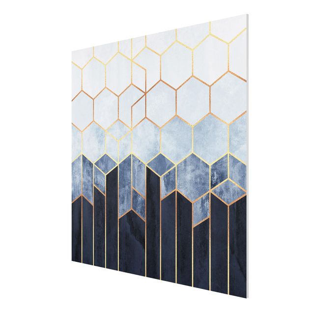Tableau art abstrait Hexagones d'or bleu blanc