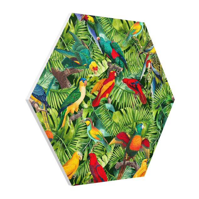 Tableau fleurs Collage coloré - Perroquets dans la jungle