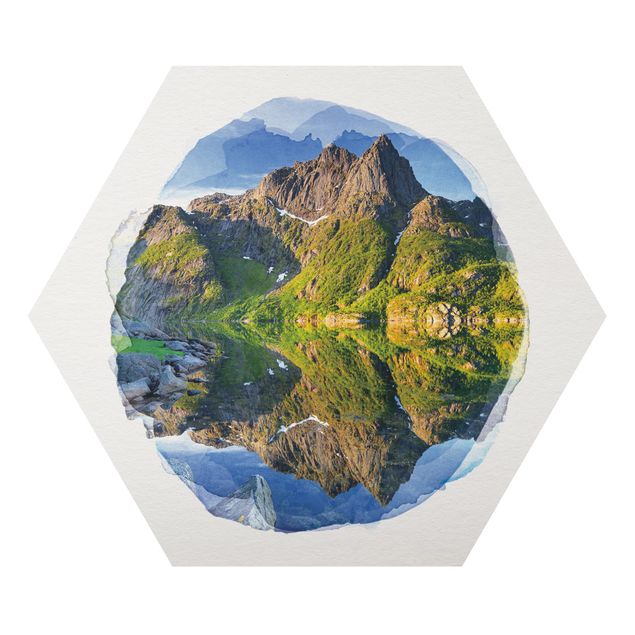 Tableau nature Aquarelles - Paysage de montagne avec reflet d'eau en Norvège