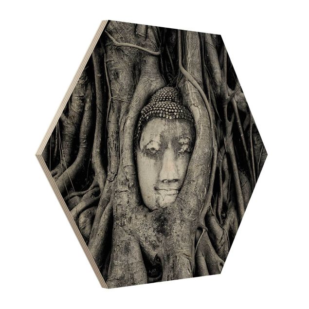 Impression sur bois Bouddha d'Ayutthaya doublé de racines d'arbres en noir et blanc