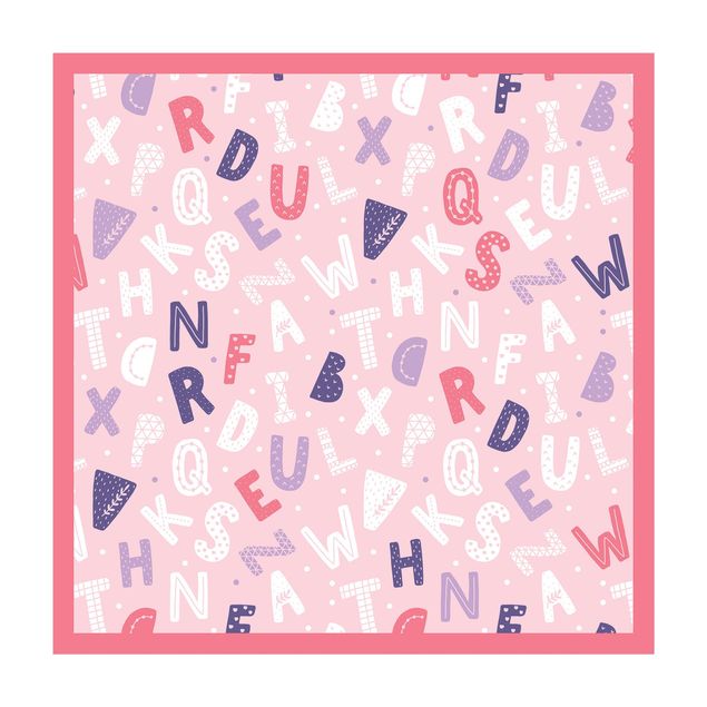 grand tapis salon Alphabet à pois et cœurs en rose clair avec cadre