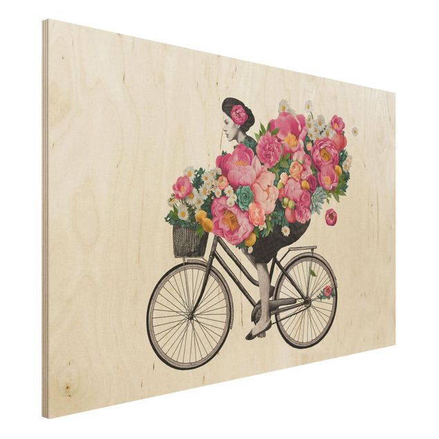 Déco mur cuisine Illustration Femme à Bicyclette Collage Fleurs Colorées