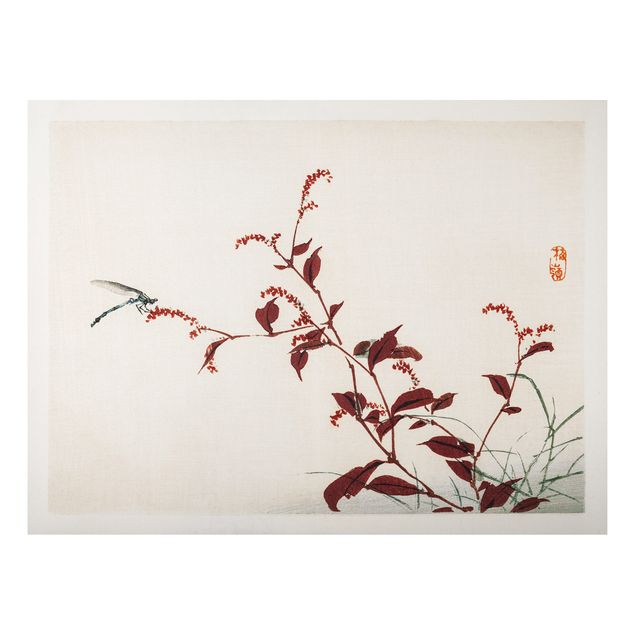 tableaux floraux Dessin vintage asiatique Branche rouge avec libellule