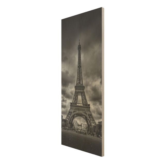 Tableaux en bois Tour Eiffel devant des nuages en noir et blanc