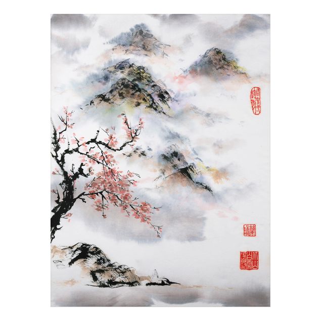 Tableau paysages Dessin aquarelle japonais Cerisier et montagnes
