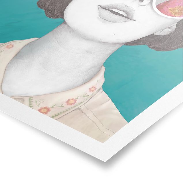 Tableau multicolor Illustration Portrait Femme Collage avec Fleurs Lunettes