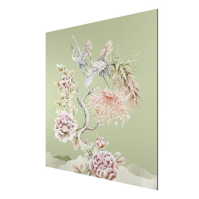 Tableau fleurs Aquarelle - Cigognes en vol avec des fleurs sur un fond vert