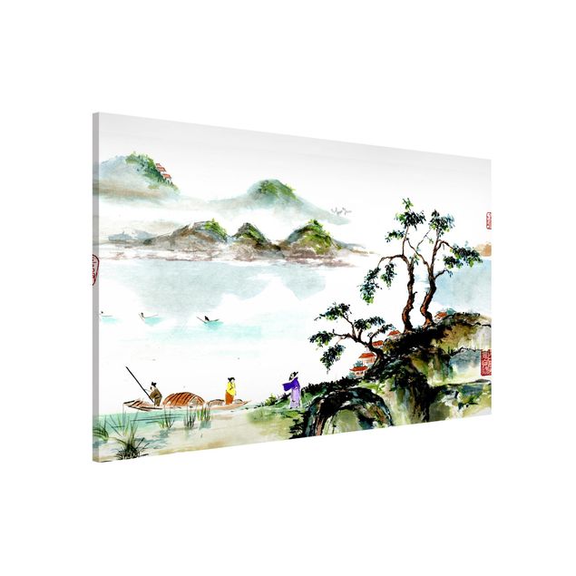 Déco mur cuisine Dessin Aquarelle Japonaise Lac et Montagnes