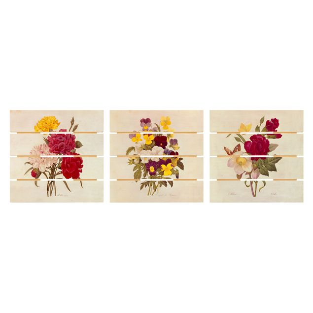 Tableau vintage bois Pierre Joseph Redouté - Roses Clous de Girofle Pensées