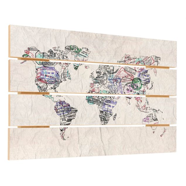 Impression sur bois - Passport Stamp World Map