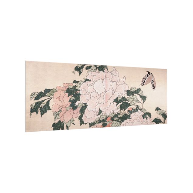 Fonds de hotte avec fleurs Katsushika Hokusai - Pivoines roses avec papillon