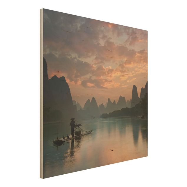Tableaux en bois avec paysage Lever de soleil sur la rivière chinoise