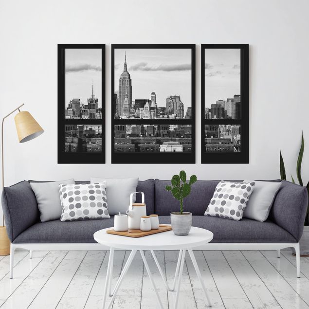 Tableaux New York Fenêtres donnant sur la Silhouette urbaine de New York Noir et blanc