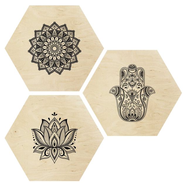 Hexagone en bois - Mandala Hamsa Hand Lotus Set On White