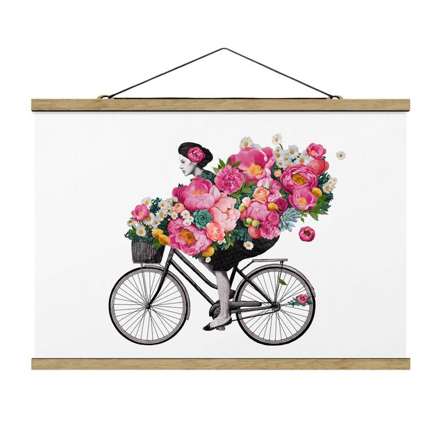Tableaux portraits Illustration Femme à Bicyclette Collage Fleurs Colorées