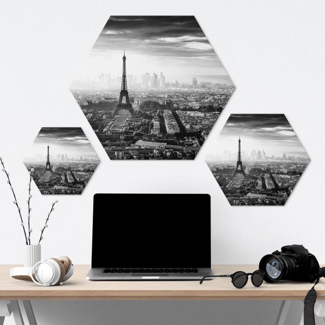 Hexagone en alu Dibond - The Eiffel Tower From Above Black And White
