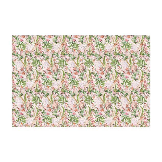 tapis fleuri Cacatoès roses avec fleurs