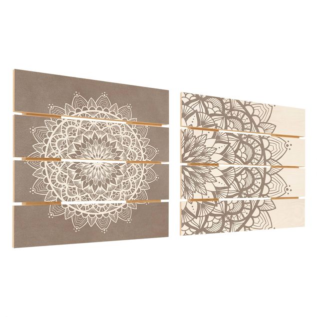 Impression sur bois - Mandala Illustration Shabby Set Beige White