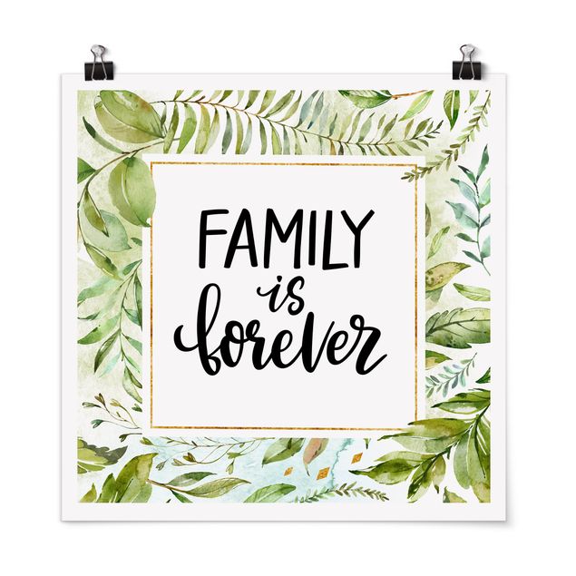 Tableau famille deco Famiy Is Forever cadre doré avec feuilles de palmier