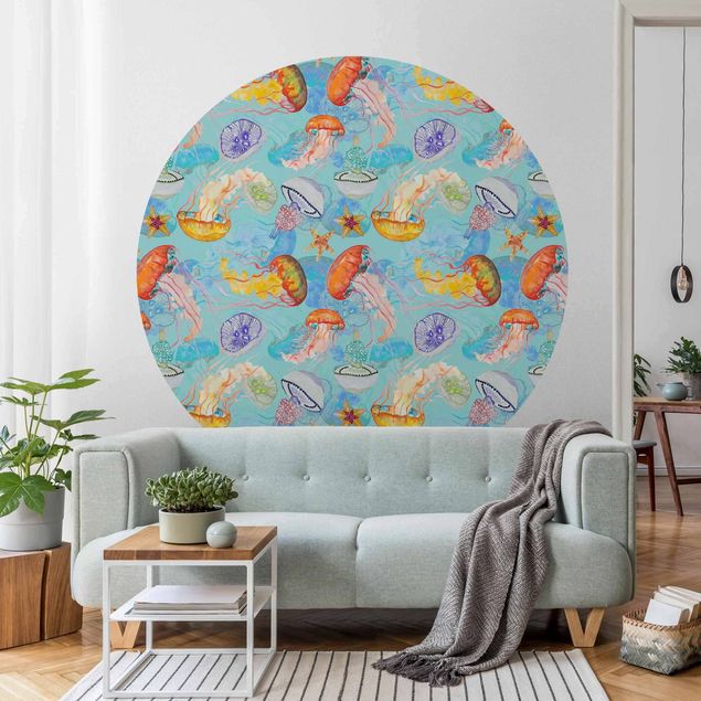 Papier peint moderne Colourful Jellyfish On Blue