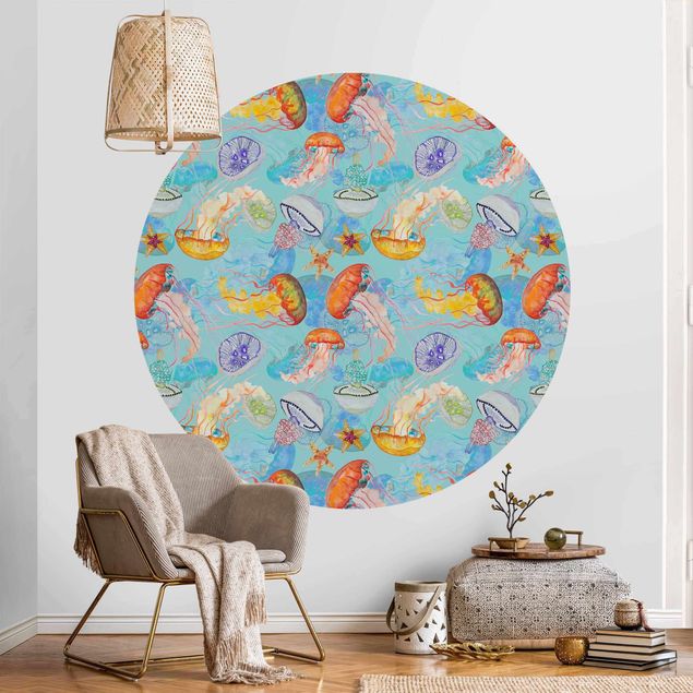 Papier peint animaux Colourful Jellyfish On Blue