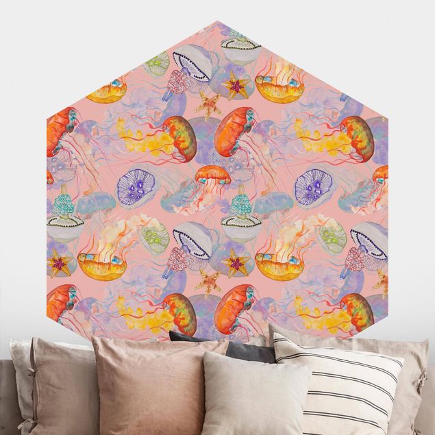 Tapisserie poisson Colourful Jellyfish On Pink