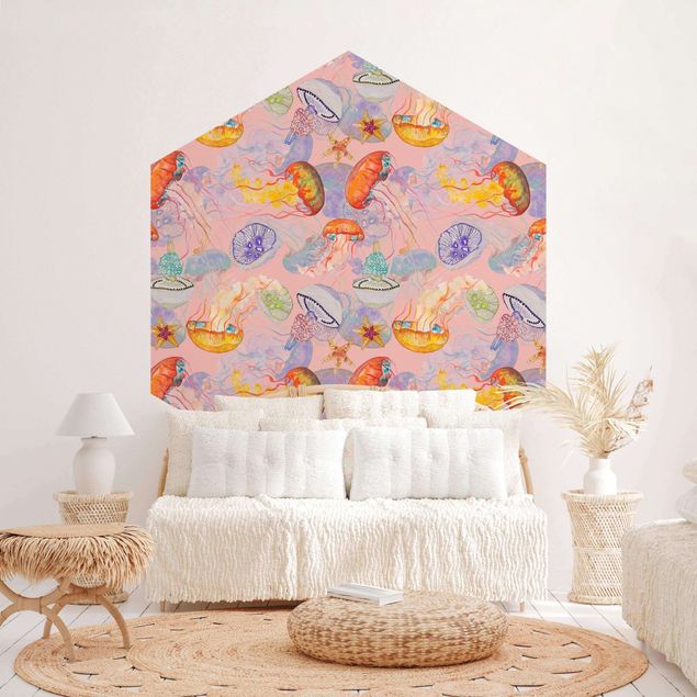Tapisserie moderne Colourful Jellyfish On Pink