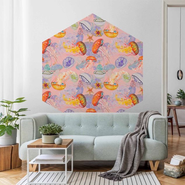 Tapisserie animaux Colourful Jellyfish On Pink