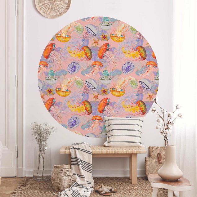 Tapisserie moderne Colourful Jellyfish On Pink