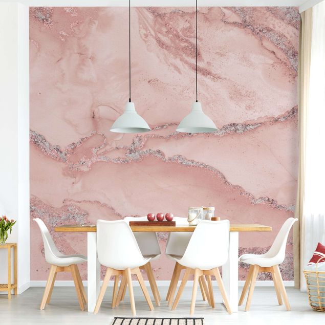 Papier peint effet marbre Expériences de couleurs - Marbre rose clair et paillettes