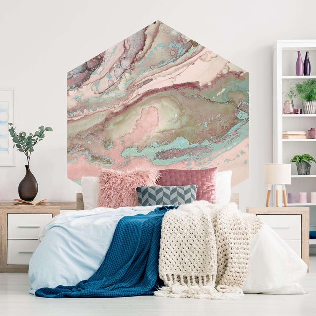Papier peint moderne Expériences de couleurs - Marbre rose clair et turquoise
