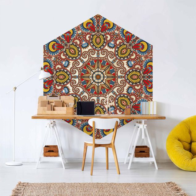 Papier peint panoramique hexagonal Mandala coloré