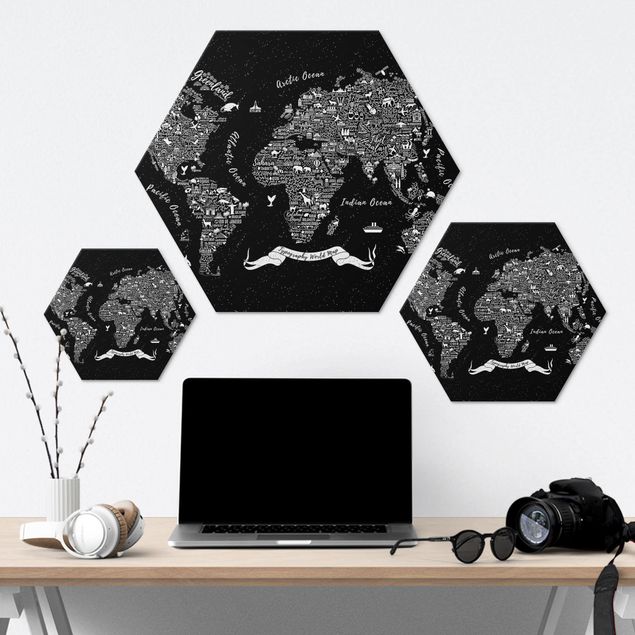 Hexagone en alu Dibond - Typography World Map Black
