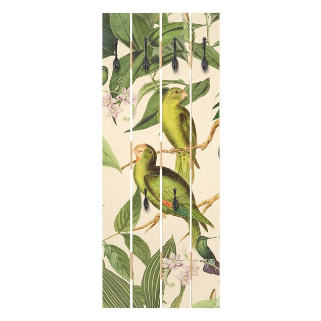 Porte-manteaux muraux verts Collage Vintage - Perroquets dans la jungle