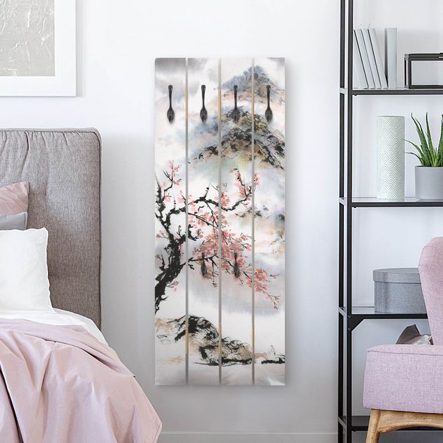Porte-manteaux muraux avec fleurs Dessin aquarelle japonais Cerisier et montagnes