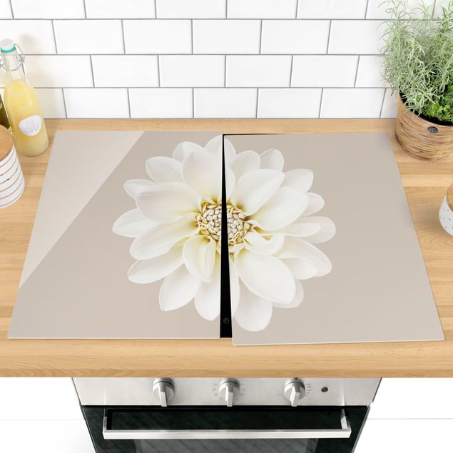 Cache plaques de cuisson fleurs Dahlia Blanc Taupe Pastel Centré