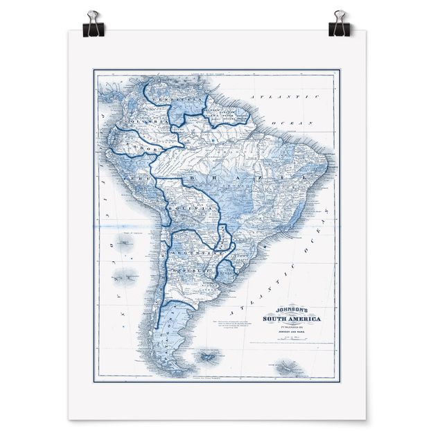 Poster mappemonde Carte dans les tons bleus - Amérique du Sud