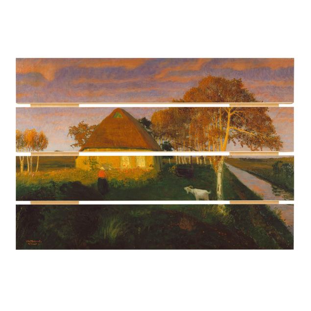 Tableaux en bois avec paysage Otto Modersohn - Chalet de la lande au soleil du soir