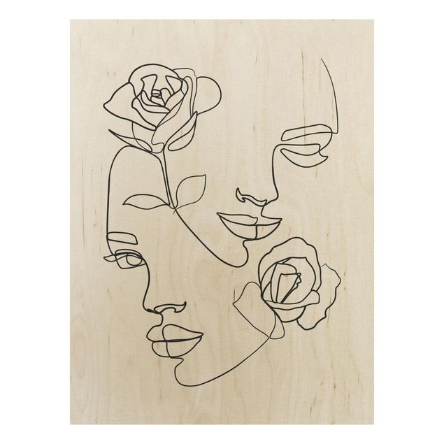 Tableaux en bois avec fleurs Line Art Visages Femmes Roses Noir et Blanc