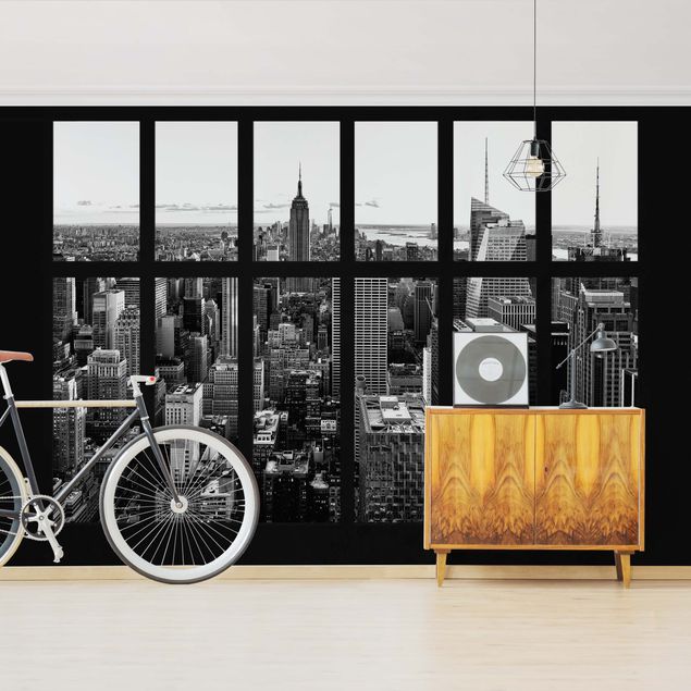 Tapisserie new york Window Manhattan Skyline Black And White