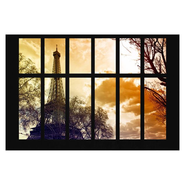 Papier peint panoramique ville Fenêtre Lever de soleil Paris Tour Eiffel