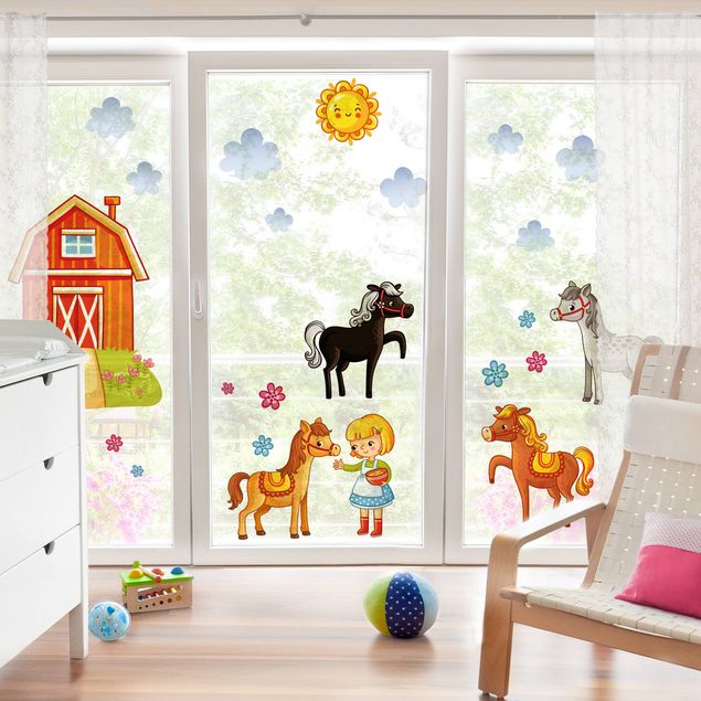 Stickers fenêtre animaux Lot de ferme avec chevaux