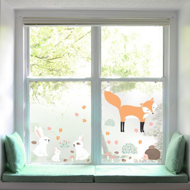 Stickers fenêtre animaux Amis de la forêt avec lièvre, hérisson et renard