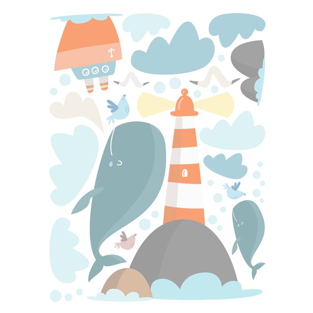 Stickers fenêtre animaux Phare et baleines