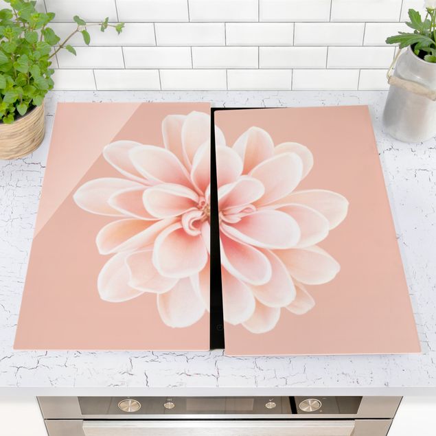 Cache plaques de cuisson fleurs Dahlia Rose Pastel Blanc Centré