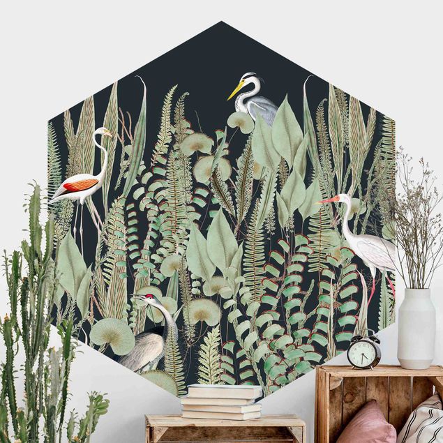 Déco murale cuisine Flamant et Cigogne avec plantes sur fond vert
