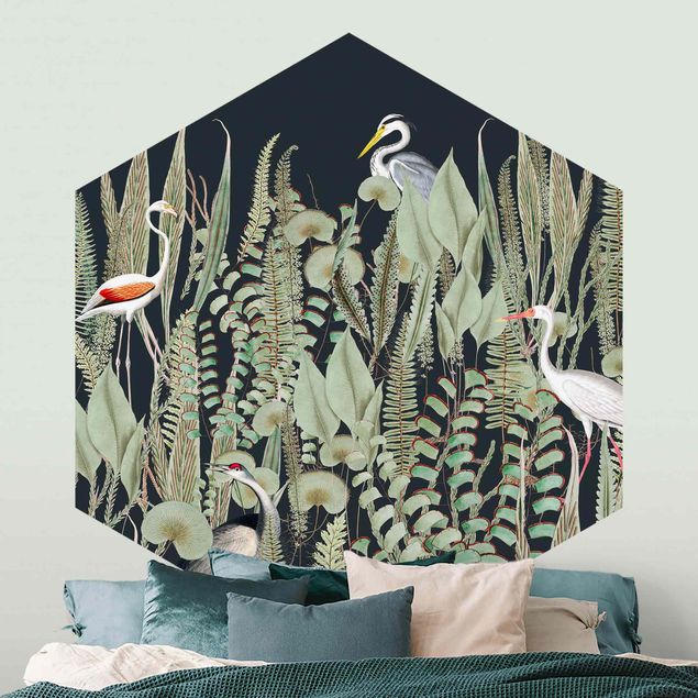 Papiers peints oiseaux Flamant et Cigogne avec plantes sur fond vert