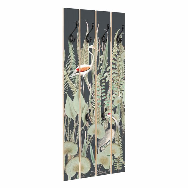 Porte manteaux muraux Flamant et Cigogne avec plantes sur fond vert