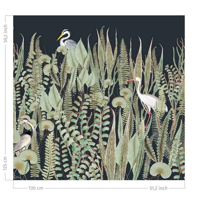 rideaux cuisine moderne Flamingo And Stork With Plants On Green