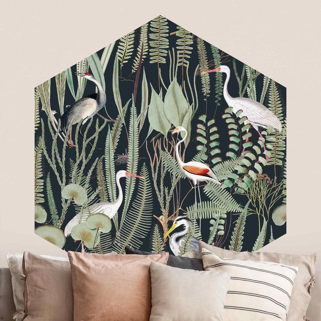 Papiers peints oiseaux Flamants et cigognes avec plantes sur fond vert